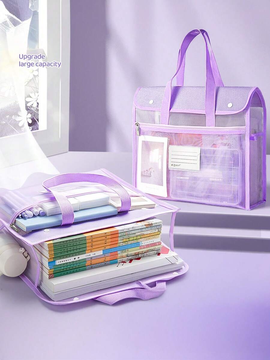 1pc Flip-Cover Transparent Mesh Storage Pouch, Mesh Material, Snap Closure, Large Capacity Multipurpose Tote Bag With Compartments, Suitable For Students, School, Exams,Back To School,School Supplies - Single Piece - View 1