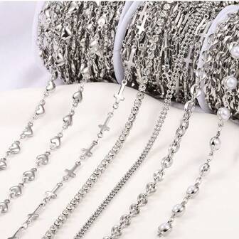 1m Fashionable Stainless Steel Silver Chain, Suitable For DIY Jewelry Making - Heart, Love, Cross, Lips, Pearl, Diamond, Various Styles
