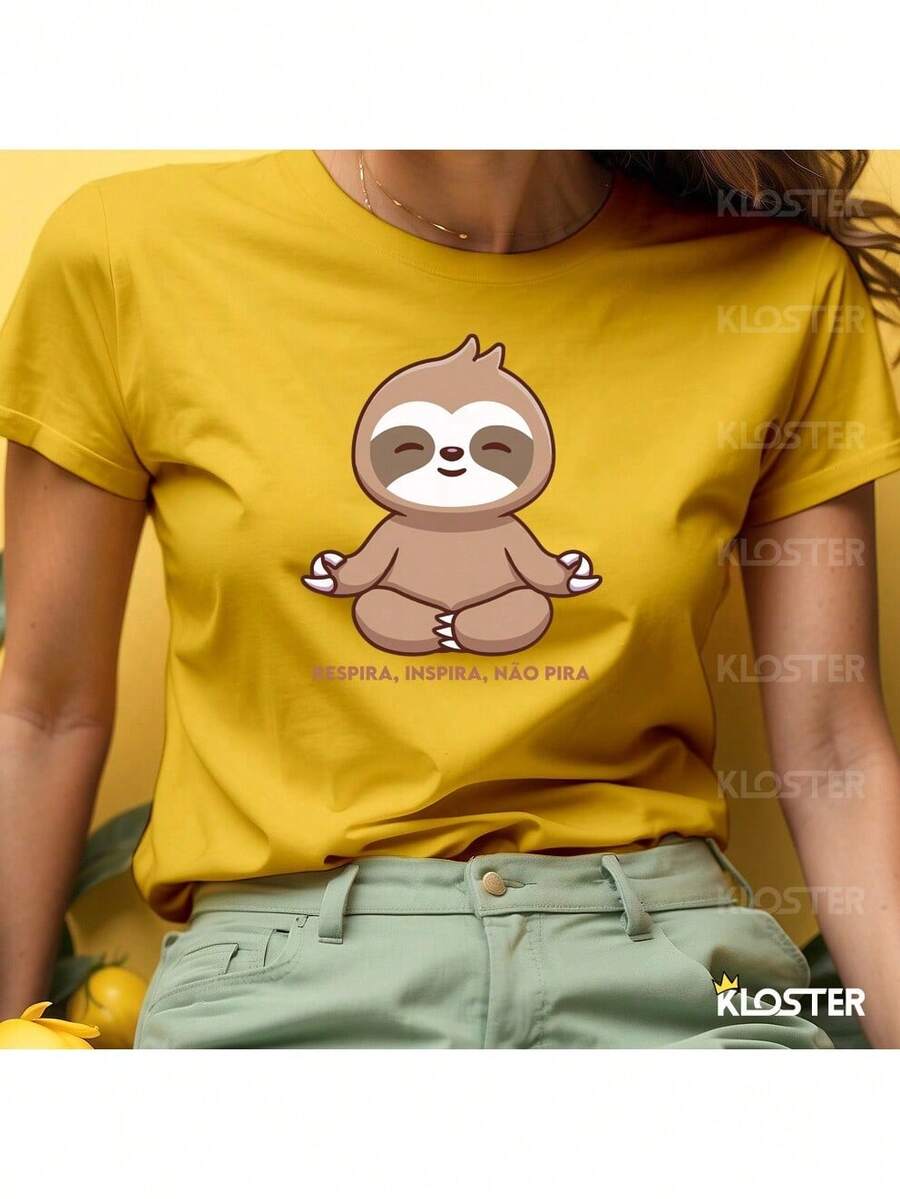 Women's T-Shirt Sloth Breathe Inhale Don't Freak Out - Sloth - 100% Cotton - 黃色 - 查看 1