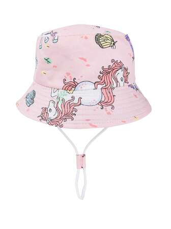 1 件儿童女孩卡通独角兽印花太阳帽，幼儿渔夫帽适合户外日常活动，海滩防紫外线