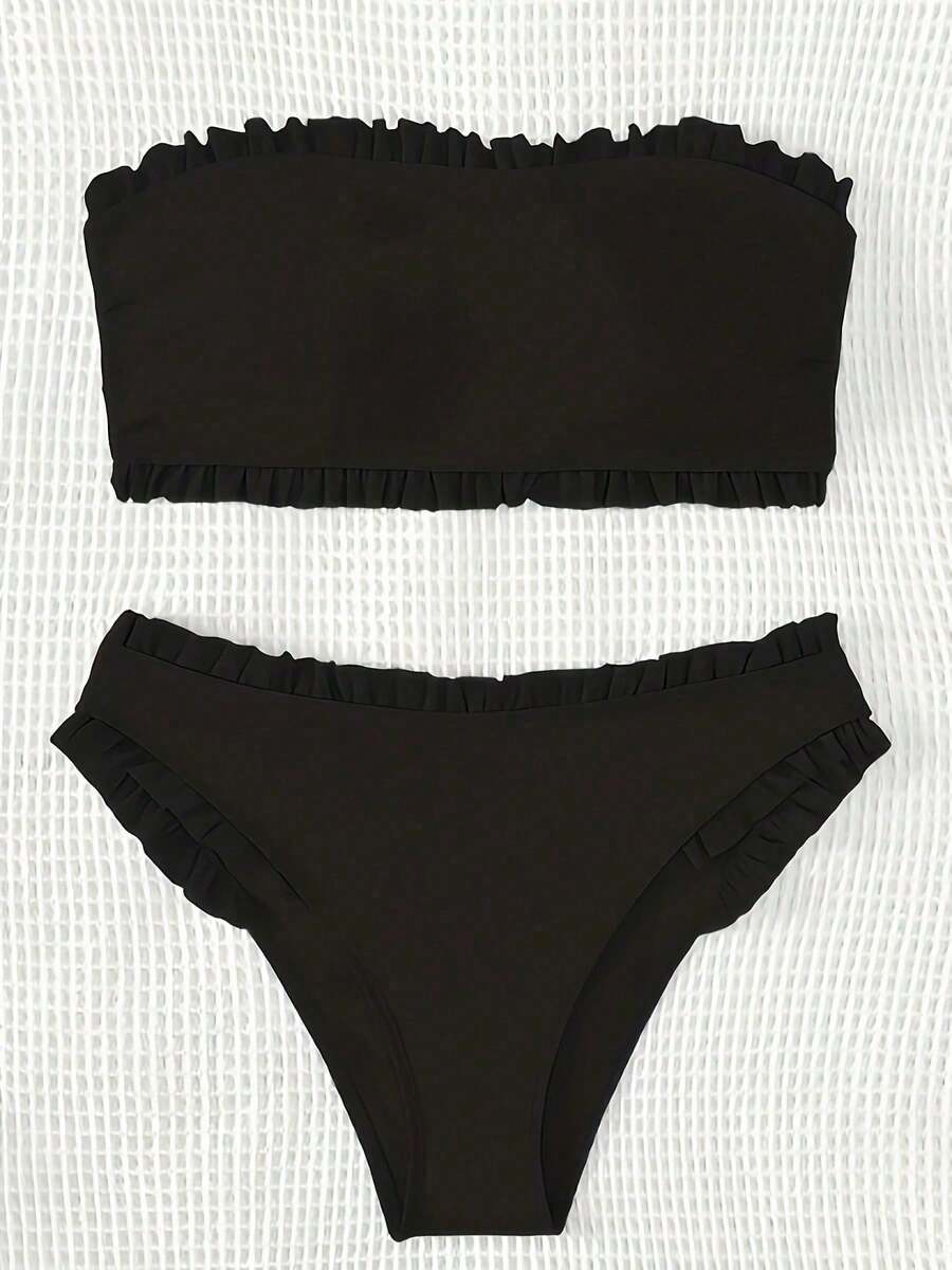 Women's Two Piece Split Swimsuit Suit, New Strapless Wave Edge Sexy Split High Waist Bikini Swimsuit - Black - View 1