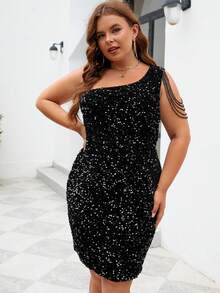 女式闪亮亮片拼布扭纹前拉链派对连衣裙 - 黑色 - 查看 3