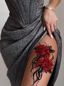 2片红色玫瑰花临时纹身贴纸，可用于手臂和腿部，性感脱衣舞娘胸部和大腿图案，适合情人节，防水，完美女性适用。