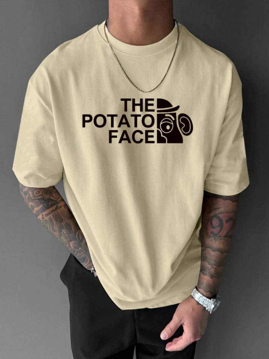 Men's Bear Graphic Casual Loose Fit Commuting Versatile Short Sleeve T-Shirt, Suitable For Street, Outdoor, And Daily Wear - Apricot - View 1