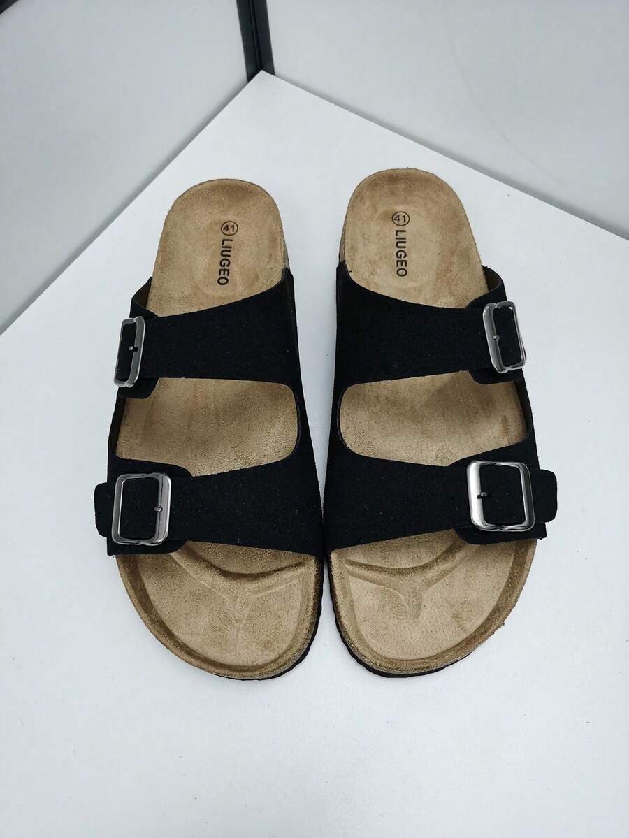 Herren Mode weiche Kork-Sohle bequeme Sandalen, Slip-On Mule Pantoffeln, lässige Outdoor Strand Zehentrenner - Schwarz - Übersicht 1