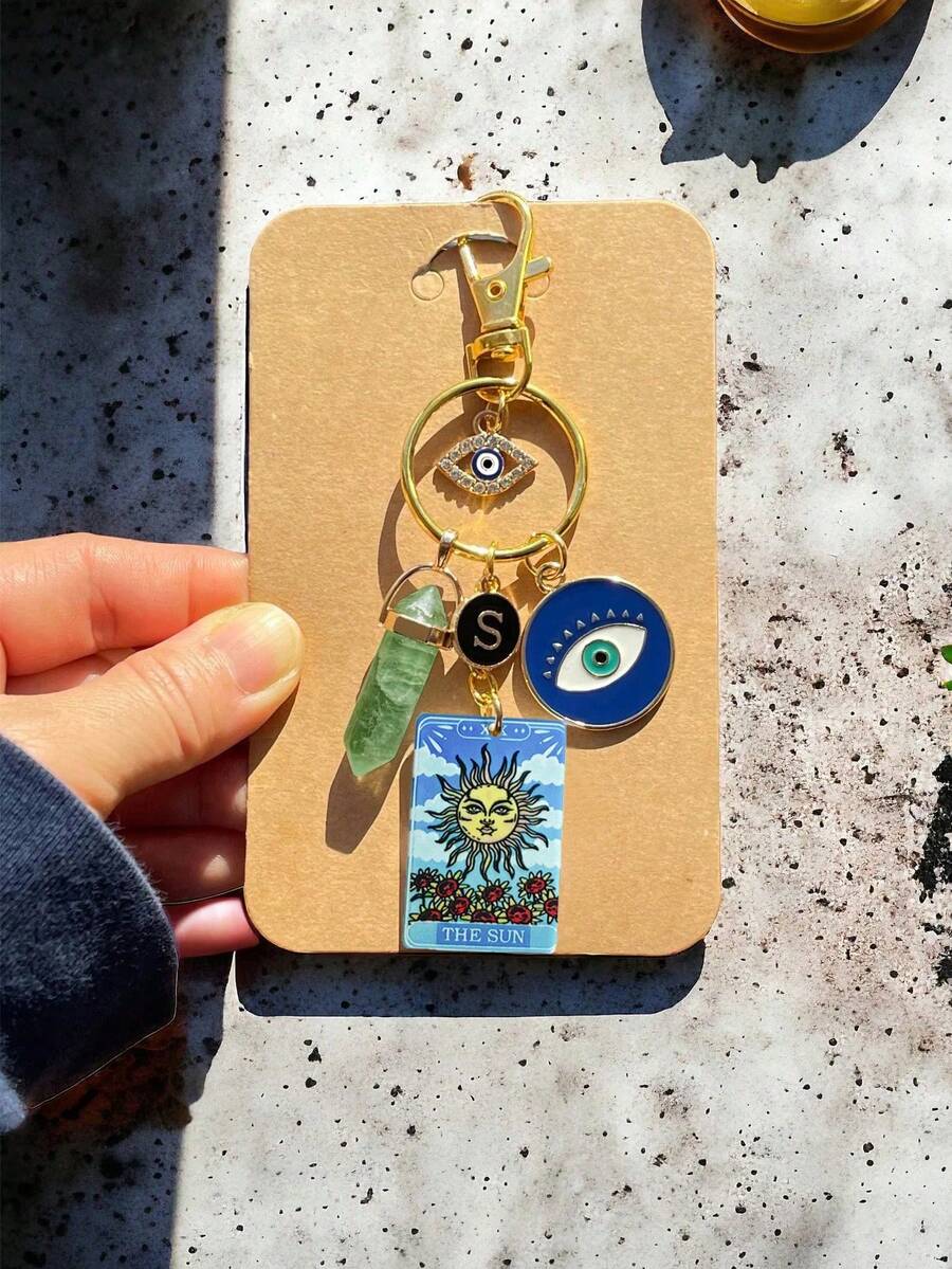 1 件天然石绿水晶邪眼、太阳、月亮和绿松石吊坠钥匙扣、包饰、汽车钥匙圈、日常使用小型汽车配件学校可爱哥特 Y2k 圣诞礼物创意包饰挂绳带身份证夹汽车配件包饰 - 藍色眼睛 - 查看 1