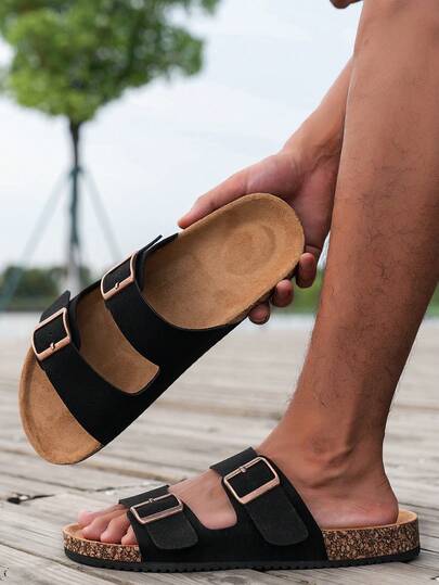 Fashionable Buckle Flat Soft Wood Slippers, Resort Style Summer Men Beach Strap Outdoor Casual Sandals
