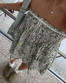 Women Floral Print Tube Top Cute Bow Tie Pleated Ruffle Hem Strapless Tank Shirt Summer Loose Fit Flowy Bustier Top - 綠色 - 查看 3