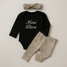 Sempre Bebê Baby Girl Clothing Set Long Sleeve Bodysuit With Pants And Headband Blogger Diva Kitten Leopard Print Bow Outfit Winter Cold Weather Set Mini Diva Leopard Print - Bronze - View 2