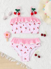 2pcs/Set Girls' Outdoor Sports Cherry Print Swimwear, Spring/Summer - Pink - View 1