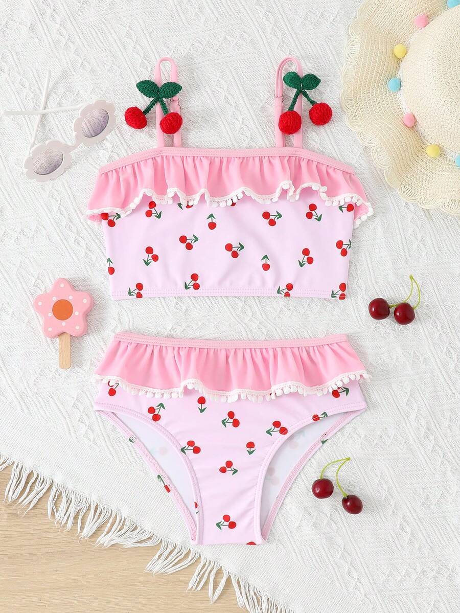 2pcs/Set Girls' Outdoor Sports Cherry Print Swimwear, Spring/Summer - Pink - View 1