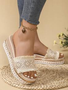 Women's Bohemian Style Platform Wedge Slippers - Apricot - View 1