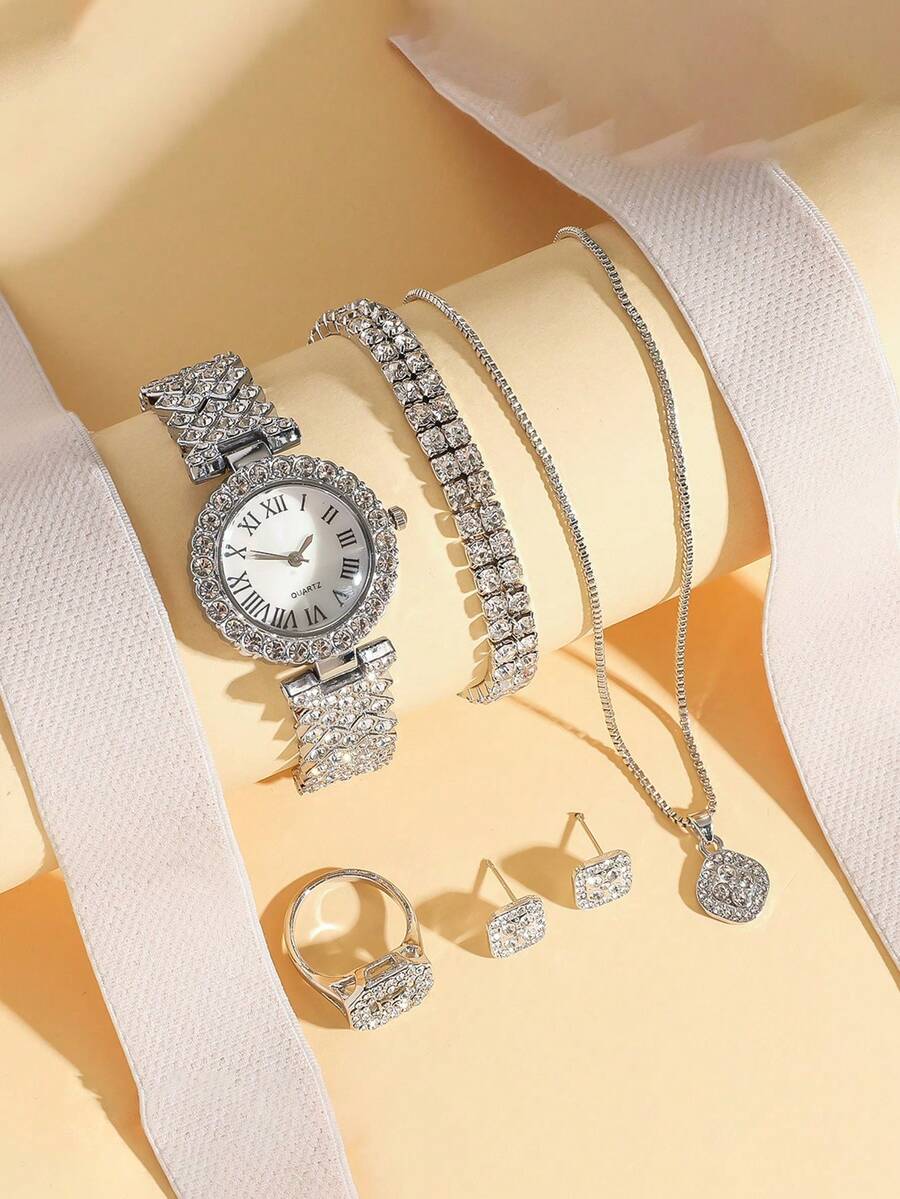 Bộ 6 chiếc đồng hồ thạch anh kim cương sang trọng cho bé gái và trẻ em, đồng hồ đeo tay analog thời trang Hip Hop và bộ trang sức, quà tặng trẻ em, quà tặng Halloween, khuyến mãi cuối năm, ngày độc thân (không hộp) - Bạc - Xem 1