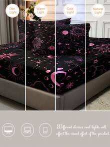 3pcs Galaxy & Cosmos Themed Bedding Set (1 Fitted Sheet + 2 Pillowcases, Pillow Not Included), Ultra-Soft Microfiber Fabric, Suitable For All Seasons, Mysterious Starry Sky Decor