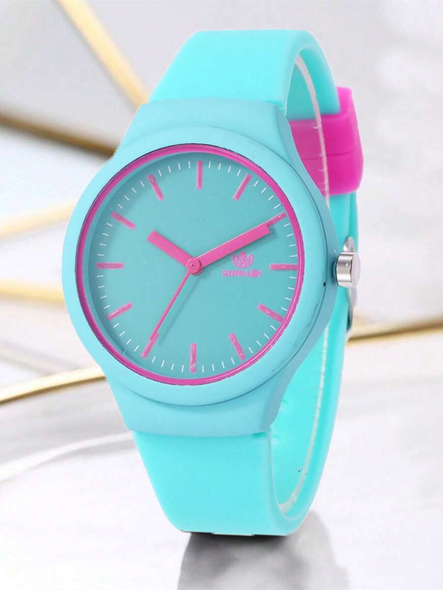1 pieza Reloj de cuarzo unisex de diseño clásico negro de silicona y redondo - Verde - Ver 1