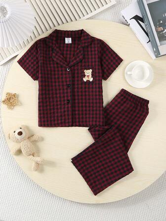 2件套泰迪熊口袋印花短袖上衣和长裤