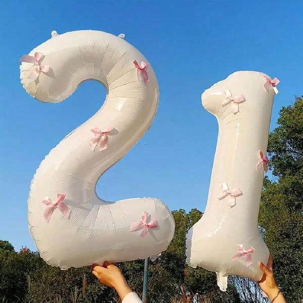 1 Pc 32-Inch White Number Foil Balloon & 5 Pcs Pink Bow Combination Set, Suitable For Wedding, Birthday, Anniversary, Graduation, Valentine's Day, Christmas Party Decoration