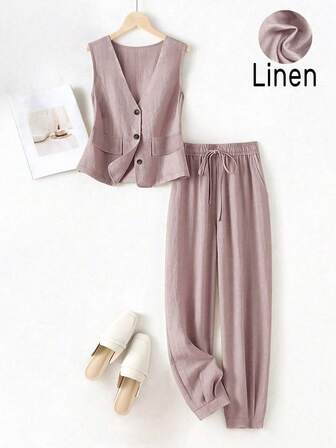 女士休闲春夏亚麻背心和裤子套装，适合度假