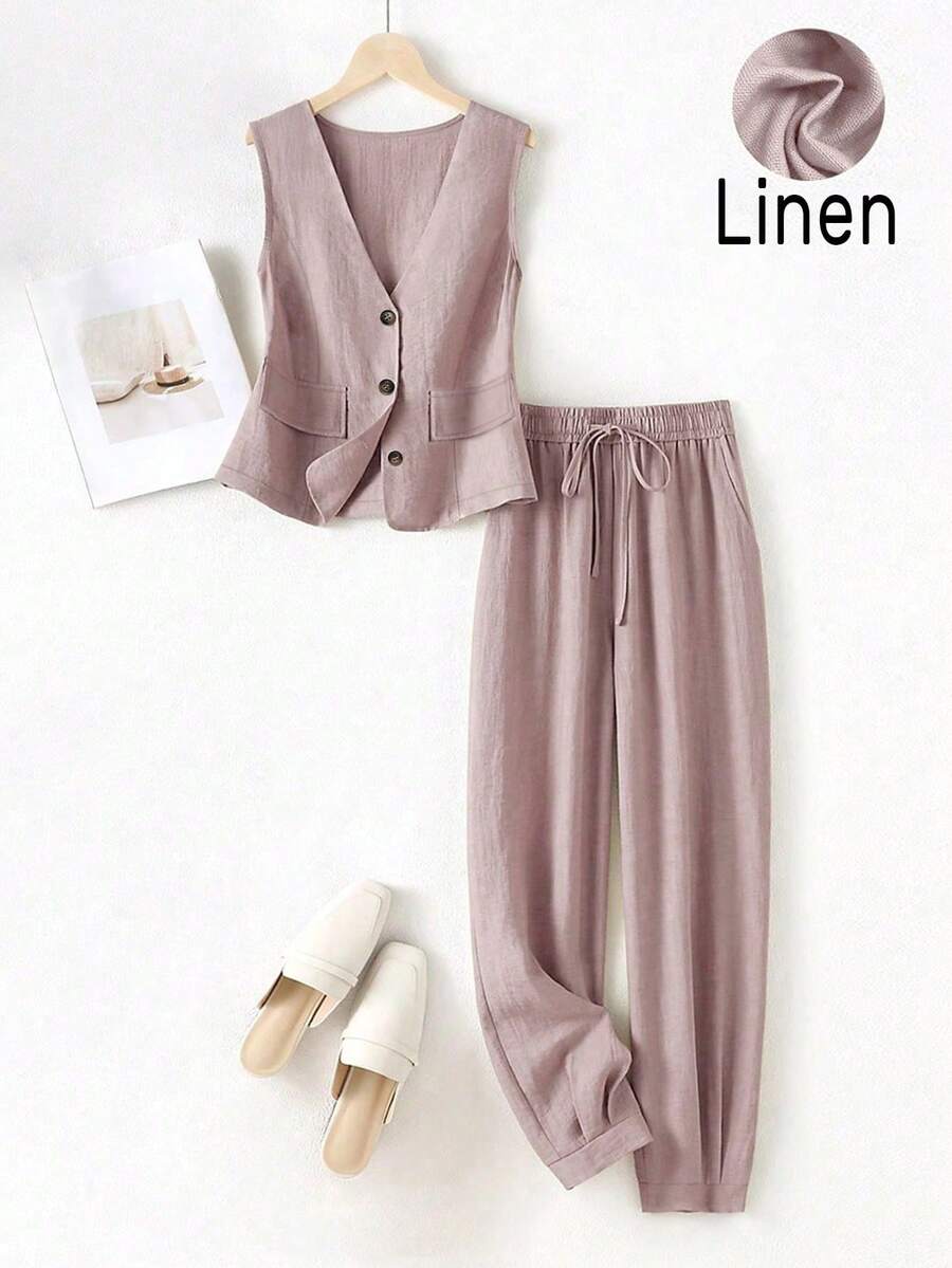 女士休闲春夏亚麻背心和裤子套装，适合度假