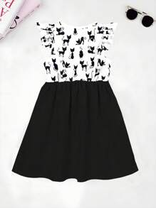 Seven Princess Robe d'été à manches courtes, taille cintrée et coupe évasée avec imprimé chat mignon, pour jeunes filles. Style décontracté de princesse pour vacances.