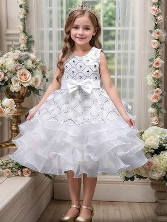 青少年女孩花童薄纱舞会礼服水钻公主选美派对礼服