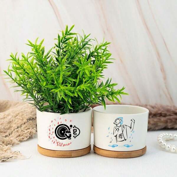 1pc DJ Ceramic Planter With Bamboo Tray (3.6"X2.6"), Succulent Planter, DJ Theme: Vinyl Record Turning, Musical Notes Flying, Headphones Playing Music, Planter Gift, Yard Decor, Desktop Decor