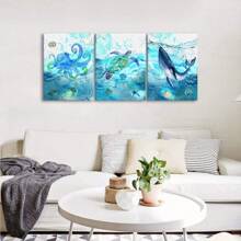 1 Set Of 3 Pcs Canvas Wall Art, Ocean Theme Animals, Modern Turtle Octopus Whale, Printed Craft Canvas Decoration For Home Decoration, Framed And Ready To Hang. ,Wall Art With Frame