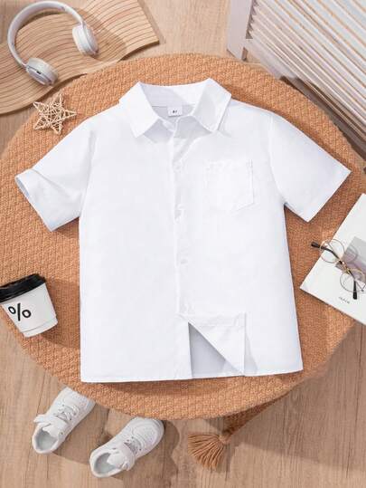 Camisa Blanca De Manga Corta Con Bolsillo Para Niño De Estilo Clásico De La Universidad Para Eventos Formales, Fiestas Y Espectáculos