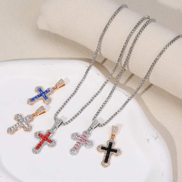 Boho Style Pink Cross Pendant Necklace - Sparkling Gem Embellished Silver-Tone Chain, Versatile For Daily And Party Wear, Multicolor Options, Fashionable Statement, Elegant Design, Accessory, Chic Item For Women