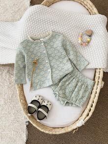 2pcs/Set Baby Girls' Casual Hollow Ditsy Floral Long Sleeve Cardigan + Shorts, Summer - Green - View 3