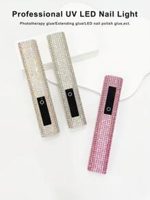 1 pieza Lámpara de uñas UV LED recargable y portátil con alimentación USB, con decoración de strass, pantalla LED, control de temporizador fácil, secador de uñas portátil, lámpara de curado de uñas de gel, forma hexagonal de diamante, bombillas LED de alta potencia, lente de aumento de 8X para un cuidado de uñas rápido y eficiente