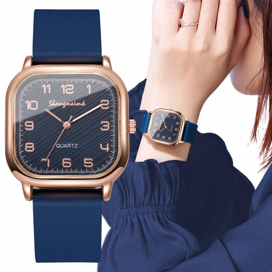 1 pieza Reloj de pulsera cuadrado casual de mujer con esfera digital, estilo de moda, con cuarzo y correa de silicona (1 pieza/set, caja del reloj no incluida) - Azul - Ver 1