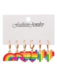 6pcs/Set Pride Month Earrings, Fashionable LGBT Rainbow Heart Shaped Earrings Set, Suitable For Men And Women, Great Gift For Friends And Girlfriends, Holiday Present
