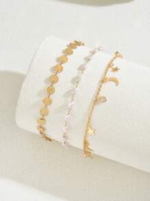 3pcs/Set Elegant Personalized Faux Pearl, Moon, Star Zirconia Stone Tassel Anklet, Suitable For Beach, Vacation, Travel, Gift For Family And Friends