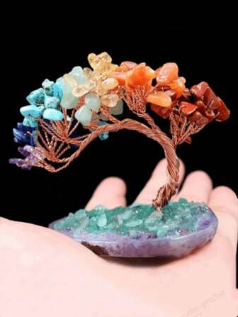 1 pieza Árbol de la Buena Suerte de Cristal Curativo de Reiki de 7 Chakras Natural, con base de ágata, para meditación, espiritual y Feng Shui, decoración Abies para la buena suerte, riqueza y prosperidad, árbol del amor de la vida