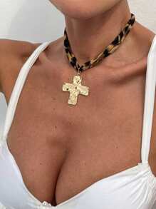 1pc Women's Fashionable High-End Leopard Print Beach Series Pendant Necklace, Bohemian Style Metal Clavicle Chain, Suitable For Daily Wear, Parties, And Beach Vacations