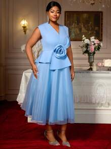 Plus Size Women Sleeveless Blazer Dress V Neck Asymmetrical Ruffle With Big Flower A-Line Swing Dresses