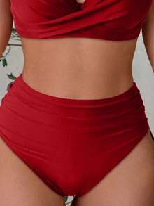 新款欧美女士纯色钢圈模压罩杯交叉绑带性感简约比基尼套装，适合度假海滩夏季穿着。 - 紅色 - 查看 5
