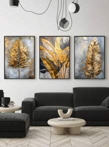 3 pièces Art mural moderne, Œuvre d'art décorative dorée, Affiches imprimées de feuilles, Peintures sur canevas de mode, Art mural élégant, Peintures classiques, Esthétique de la pièce, Décoration pour la maison, Cadeau idéal, Pour le salon, la chambre à coucher, la salle de bain, avec cadre en option