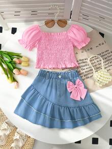 BrownBark 2pcs/Set Girls Solid Color Ruffle Short Sleeve Top + Bow Ruffles Denim Mini Skirt Outfit, Suitable For Summer Outdoor Birthday Party - Baby Pink - View 2