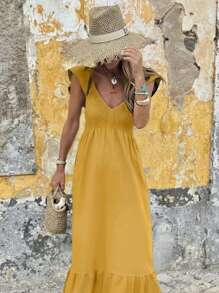 Vestido largo elegante con mangas de vuelo de diseño amplio, de unicolor, cómodo y casual, para vacaciones y días festivos para mujeres