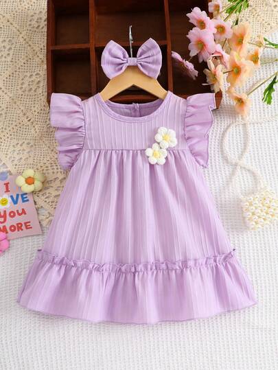 Set de 2 piezas de vestido casual con manga de cáliz y diadema con flor 3D hecha a mano de unicolor para niña pequeña