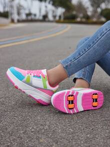 Wheeled Sneakers With Detachable Wheels, Suitable For Boys And Girls, Low-Top Lace Up Style, Lightweight, Durable And Anti-Slip, Suitable For Outdoor Activities - Hot Pink - View 6