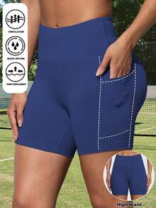 Damen Outdoor Taschen Wandershorts, figurformende High-Waist Fitness-Shorts, Outdoor-Training - marineblau - Übersicht 1