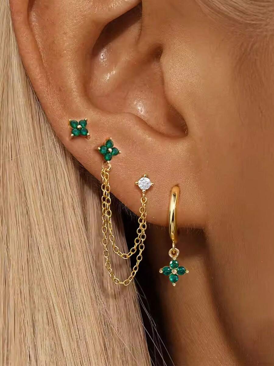 Bộ 3 bông tai hình hoa đính đá CZ và ngọc lục bảo, mạ vàng 14K, mặt dây chuyền dạng chuỗi không gây dị ứng, trang sức bạc lãng mạn đa lỗ xỏ khuyên phù hợp cho phụ nữ đeo hàng ngày. - Ngọc lục bảo CZ - Xem 1