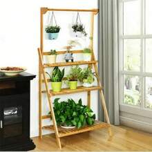 3 Tier Folding Bamboo Hanging Plant Stand Pot Shelf Stand Rack Indoor Outdoor Multi Use Greenhouse - Natural Wood - View 2