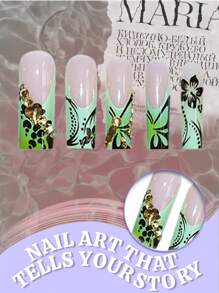 24 piezas Uñas postizas en forma de ataúd con flores teñidas en verde y rhinestones, tamaño largo, con gel de uñas y lima, para mujeres