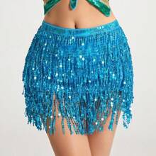 Outfits Belly Dance Glitter Sequins Tassel Skirts, Fashionable Dancing Waist Belt Skirts For Bellydance