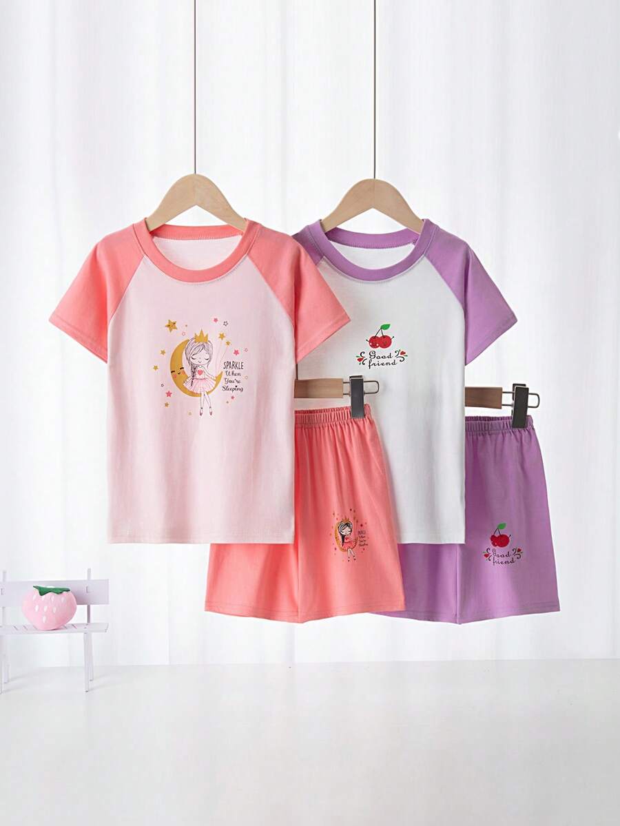 4件套女童休闲纯棉卡通印花短袖T恤和短裤睡衣套装，夏季 - 西瓜粉 - 查看 1