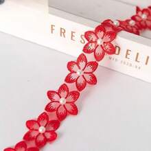 1码（3.3厘米）单层珍珠装饰蕾丝花边，绣有花朵和珍珠，欧根纱面料，适用于DIY服装、领口、袖口、窗帘边缘 - 工艺用品，蕾丝面料 - 彩色 - 查看 17